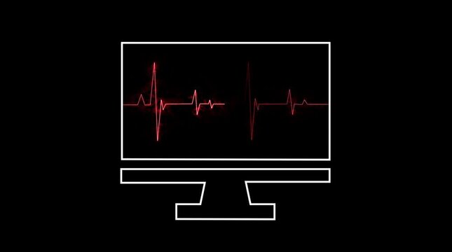 Computer monitor displaying a red electrocardiogram waveform with smoky texture on a black background