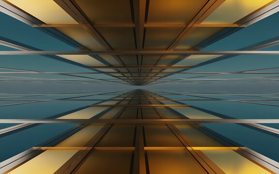 Abstract geometric perspective with metallic gold and teal panels receding into infinity