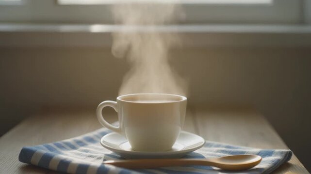 &ldquo;Warm Morning Sunlight Illuminating a Steaming Cup of Coffee on a Wooden Table, Resting on a Blue Striped Cloth Beside a Wooden Spoon in a Cozy Rustic Kitchen&rdquo;

45 Keyword (Bahasa Inggris, dipisahkan 