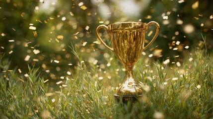 A shiny golden trophy is surrounded by vibrant green grass, with colorful confetti drifting through the air during a festive outdoor celebration in a park setting.