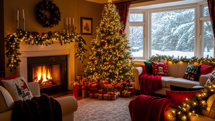 Christmas tree decorated in cozy living room