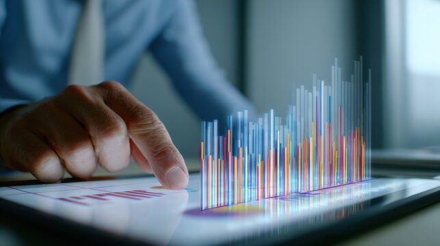 financial expert examines live data, business professional analyzes realtime figures through digital display, someone in finance reviews complex data representations on interactive touchscreen panel - Powered by Adobe
