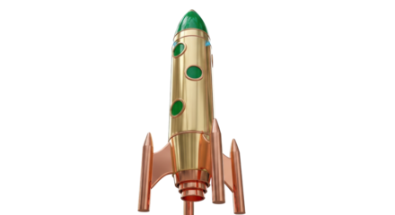 Retro golden rocket ship PNG isolated on transparent background, vintage space travel vehicle for science fiction and design use