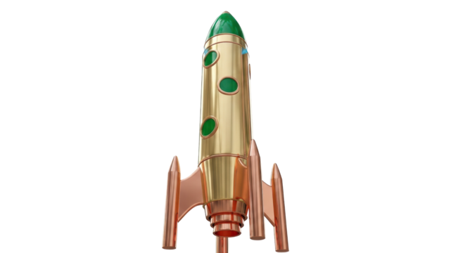 Retro golden rocket ship PNG isolated on transparent background, vintage space travel vehicle for science fiction and design use