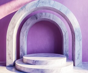 In landscape arch backdrop, mockup template marble texture curved cylinder podium