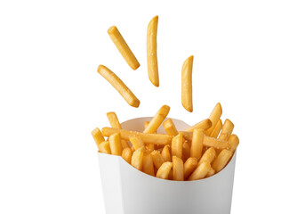 Golden french fries in a carton box isolated PNG, crispy potato chips snack on transparent...