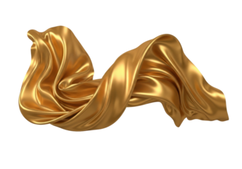 Elegant golden silk fabric flowing isolated PNG on transparent background, luxurious cloth material for fashion and design projects