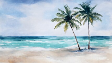 Serene tropical beach watercolor painting evokes a peaceful summer vacation escape