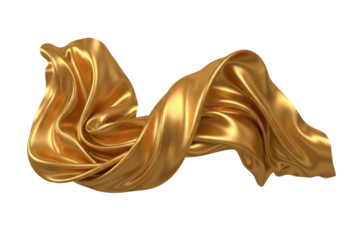 Elegant golden silk fabric flowing isolated PNG on transparent background, luxurious cloth material for fashion and design projects