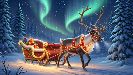 Reindeer and sleigh with gifts on snowy landscape