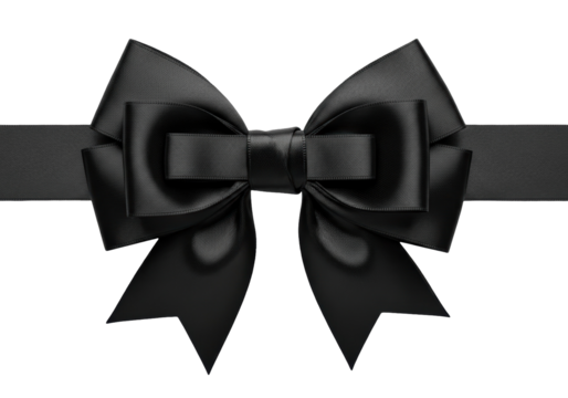 Elegant black satin ribbon bow isolated PNG, mourning symbol for remembrance and memorial services on transparent background