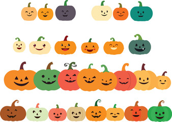 Naklejka premium Cute Halloween Pumpkin Faces Vector Set Various Jack-O'-Lantern Characters Collection Smiling Autumn Squash Graphic Elements