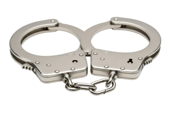 Metal handcuffs isolated PNG on transparent background, law enforcement restraint device for arrest and security purposes