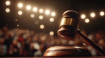 A gavel strikes the sound block in a courtroom, signifying the start or continuation of a trial. Spectators in the background focus on the proceedings with anticipation and interest.
