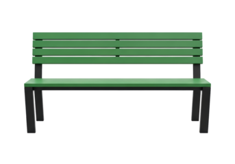 Green park bench PNG isolated on transparent background, outdoor furniture for public spaces and relaxation areas