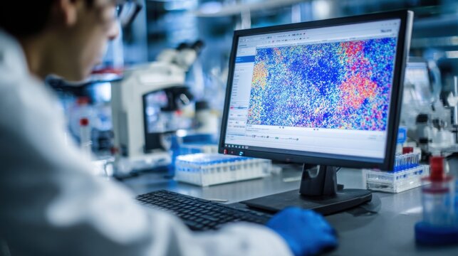 In a well-equipped laboratory, a scientist is focused on a computer screen displaying a vibrant data visualization. Colorful patterns indicate complex data analysis, showcasing research progress.