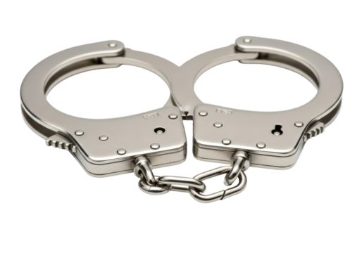 Metal handcuffs isolated PNG on transparent background, law enforcement restraint device for arrest and security purposes