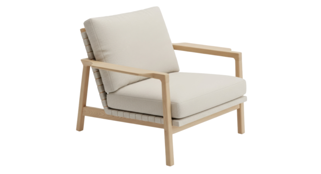 Modern light beige armchair isolated PNG, contemporary lounge chair with wooden frame for living room furniture and interior design