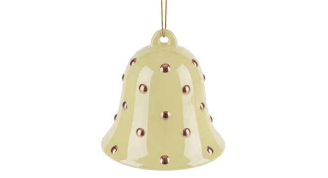 Elegant pale yellow Christmas bell with copper dots isolated PNG, festive holiday ornament for seasonal decoration and graphic design use