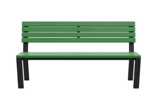 Green park bench PNG isolated on transparent background, outdoor furniture for public spaces and relaxation areas