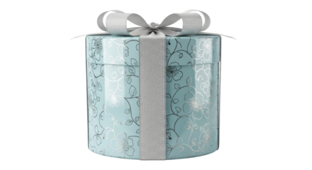 Light blue round gift box with silver ribbon isolated PNG, present for birthday or special occasion on transparent background