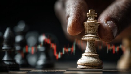 Businessman moving chess piece with stock market graph and candlestick chart background.