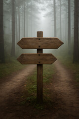 Fototapeta premium Traditional wooden signpost with two blank arrows on a fork in a dirt road leading through a misty pine forest representing divergent paths and life choices