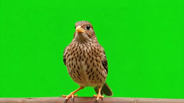 Charming brown songbird perched gracefully on a branch, chirping a sweet melody against a vibrant green screen backdrop perfect for nature documentaries