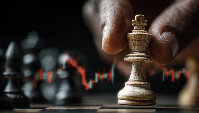Businessman moving chess piece with stock market graph and candlestick chart background. - Powered by Adobe
