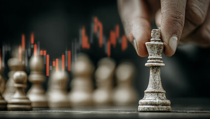 Businessman moving chess piece with stock market graph and candlestick chart background.