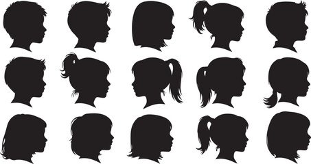 Diverse Silhouettes of Children's Heads in Profile View