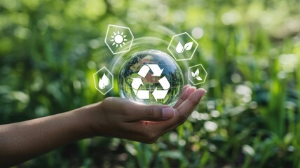 Hand holding a glowing earth globe with recycling and sustainability icons against a lush green nature background