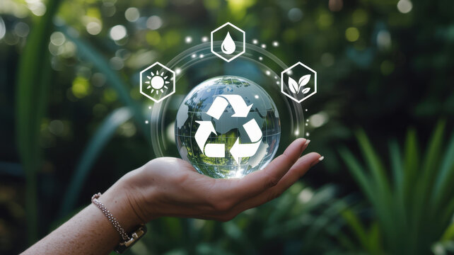 Hand holding a glowing earth sphere with recycling symbol and digital icons for sustainability and ecology