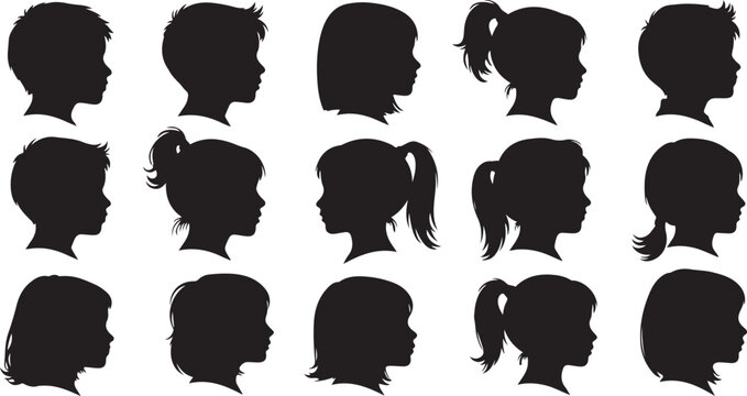 Diverse Silhouettes of Children's Heads in Profile View