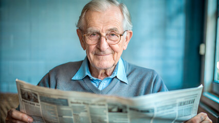 Senior man reading a newspaper with a warm smile in a cozy indoor setting