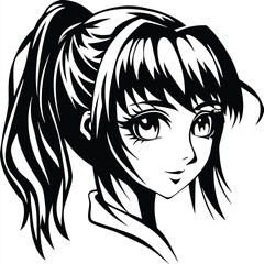 Animated character design features a woman with big eyes and ponied hair in black and white