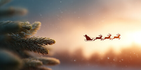 christmas tree and santa clause on a sleigh in the background