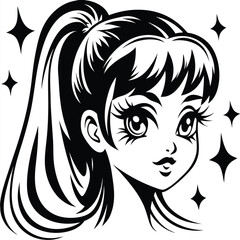 Animated girl with pony tail is surrounded by black stars in this silhouette