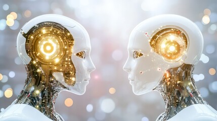 Cybernetic Reverie: Two gleaming androids, mirror each other against a shimmering backdrop, embodying the intersection of technology and artificial intelligence.