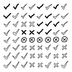 Hand drawn check mark and cross marks isolated on transparent background