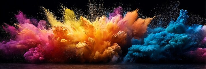 Colorful powder explosion against dark background creating dynamic abstract art vibrant hues and textures for modern designs and creative projects.