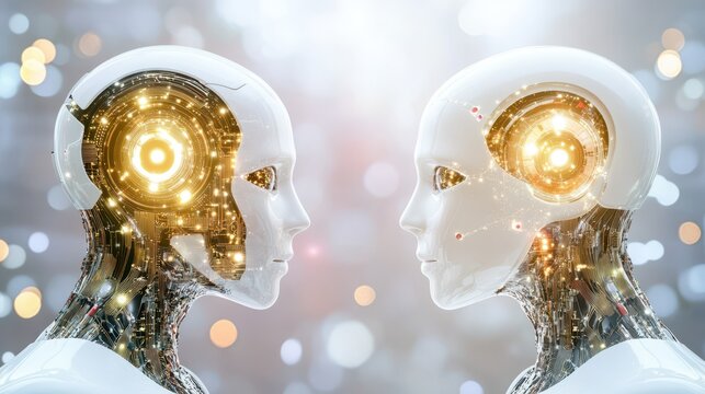 Cybernetic Reverie: Two gleaming androids, mirror each other against a shimmering backdrop, embodying the intersection of technology and artificial intelligence.