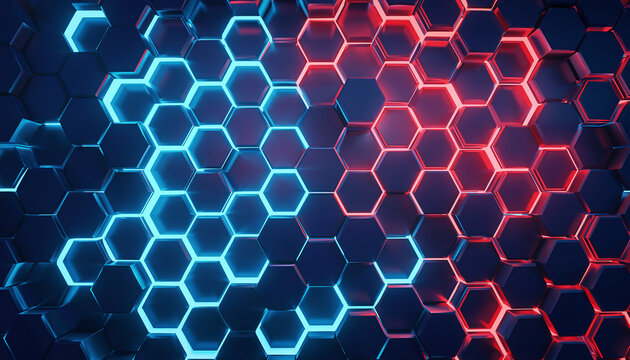 Abstract background of glowing blue and red hexagonal grid pattern, representing technology - Powered by Adobe