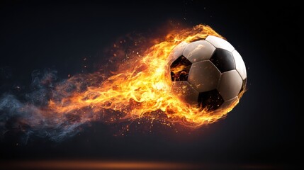 A soccer ball bursts into flames while soaring through the air, trailing fire and smoke. The dramatic colors highlight the energy and intensity of the game.