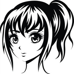 An animated girl with big eyes and her hair up looks forward