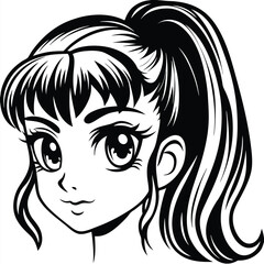 Beautiful young manga girl with ponytail hairstyle in black and white style
