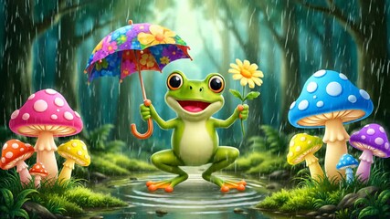 Happy Frog Dances Under a Colorful Umbrella Surrounded by Whimsical Mushrooms, a Charming Animal Illustration suitable for entertainment, children's books, and musical events. Illustrations, animals, 