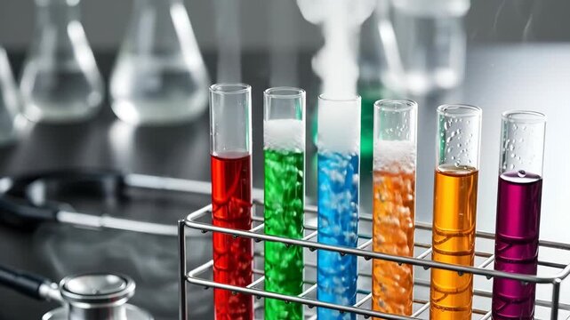 Vibrant chemical reactions and colorful smoke in laboratory test tubes display dynamic experiment