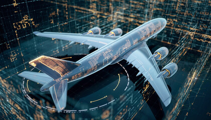 Aviation Digitalization: An eye-level perspective of a cutting-edge aircraft at the center of a complex network. Digital components, data flow.