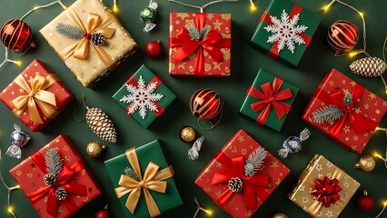 Festive christmas gift boxes adorned with ribbons and snowflakes on a dark green background with twinkling lights